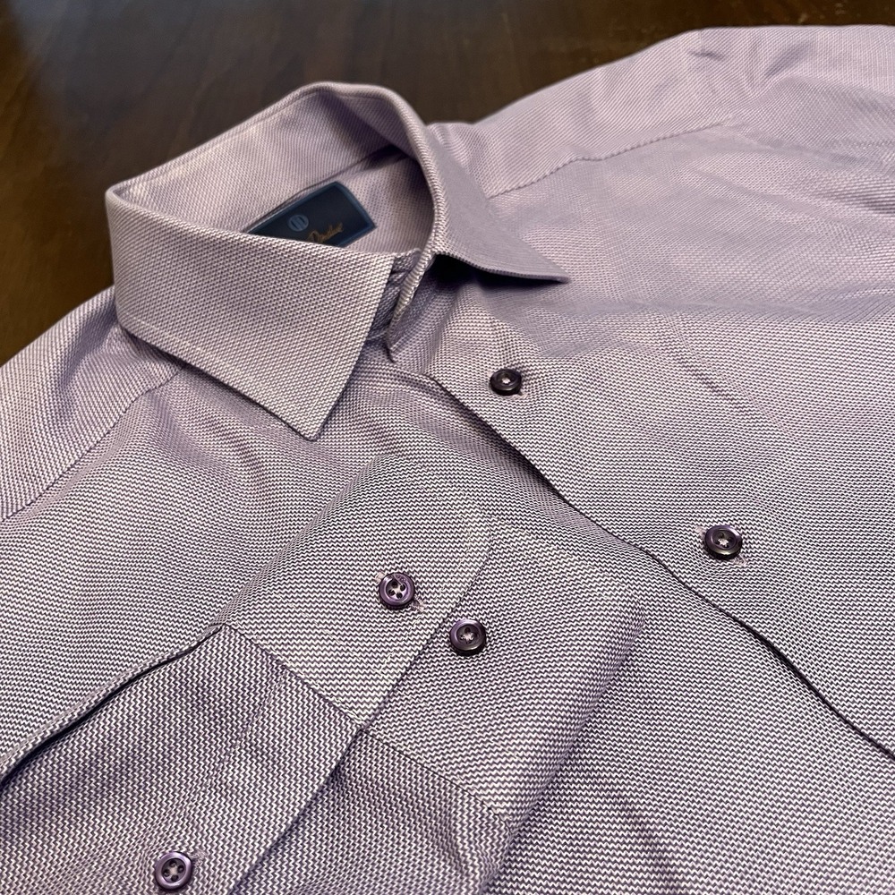 David Donahue Trim Shirt Mens 16.5 34/35 Purple Check Cotton Dress Long Sleeve